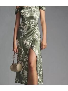 Reformation Genesis 100% Silk Satin Midi Dress Gown Size 12  Floral Green